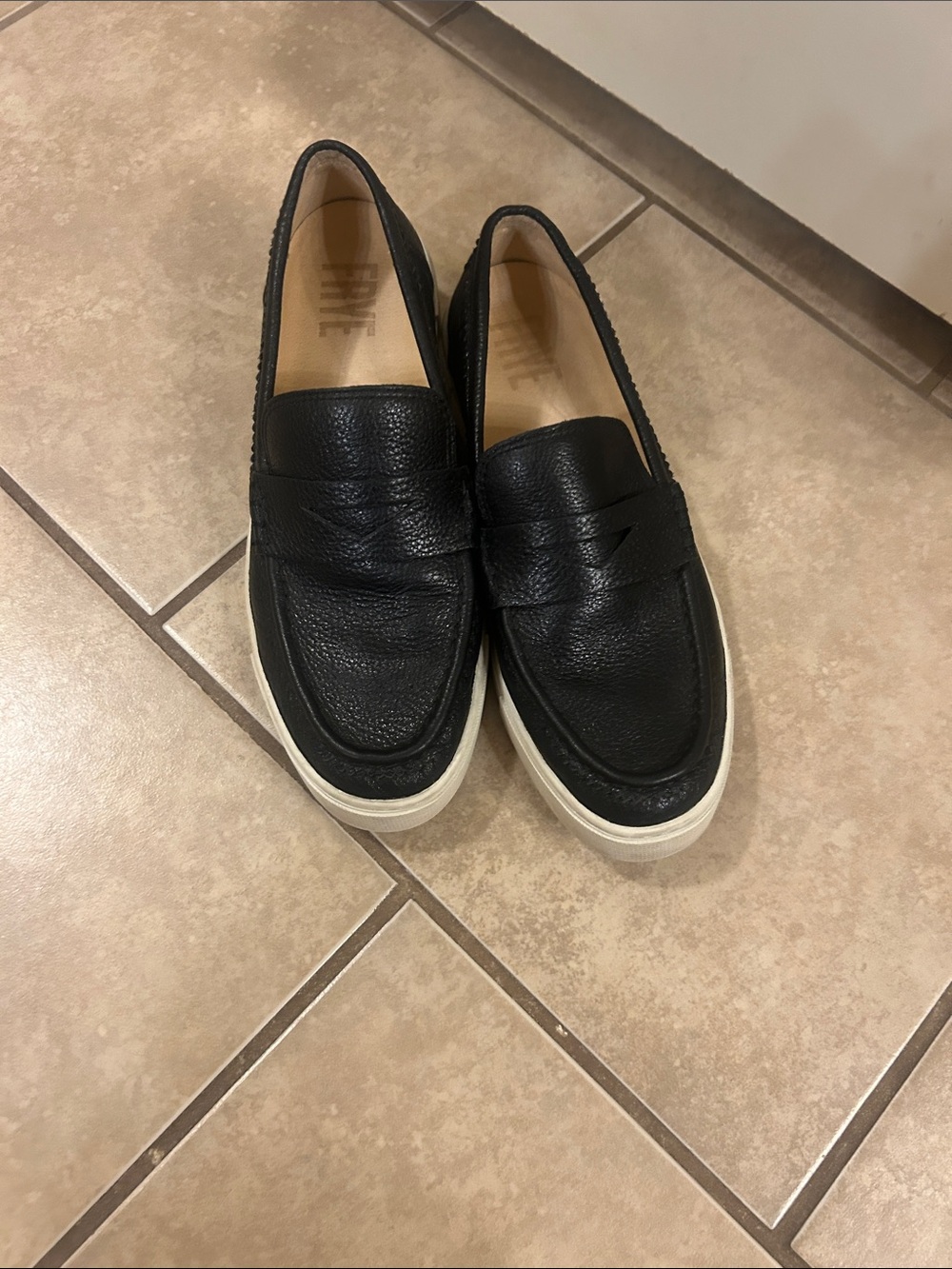 Frye Black Leather Penny Loafers with White Sole